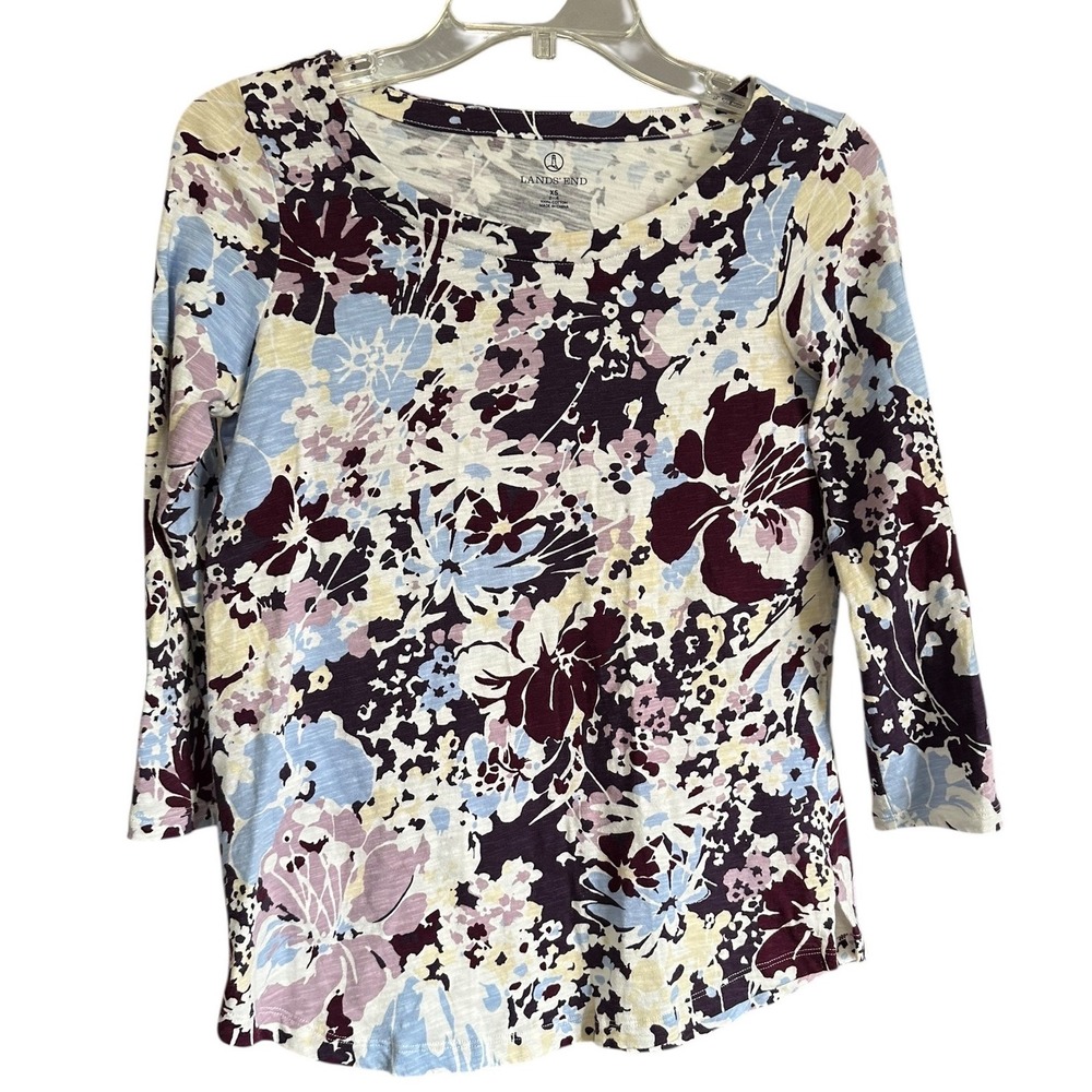 Lands End Womens XS Floral 3/4 Sleeve Cotton Slub Knit Top Plum Blue Multicolor